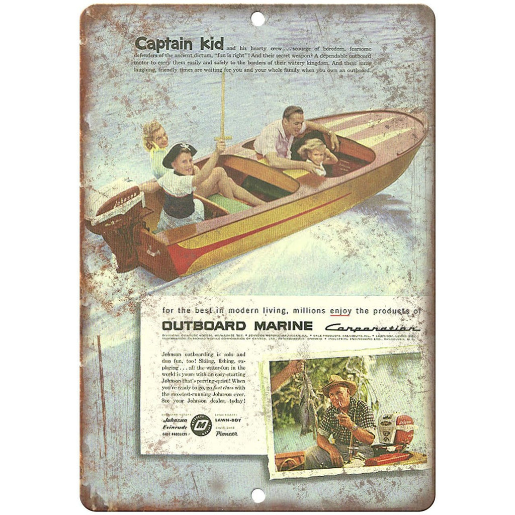 Outboard Marine Captian Kid Vintage Boating Ad 10" x 7" Reproduction Metal Sign
