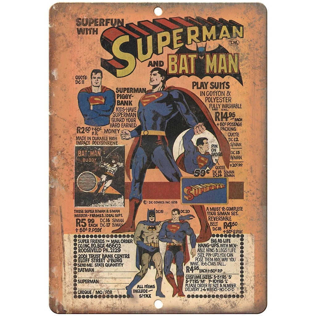 Superman Bat Man Toys Vintage Comic Book Ad 10"X7" Reproduction Metal Sign J115