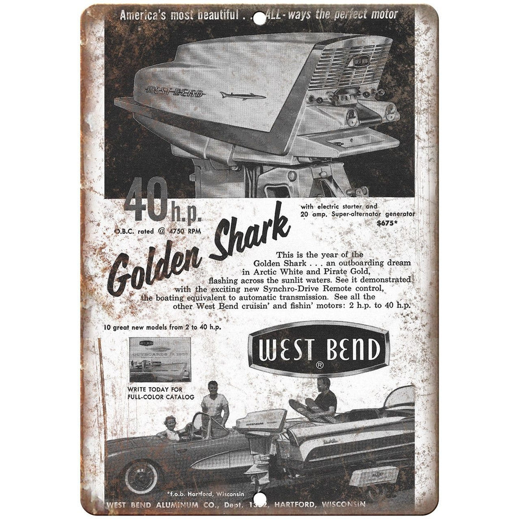 West Bend Outboard Motor Golden Shark Boating 9" x 12" Reproduction Metal Sign