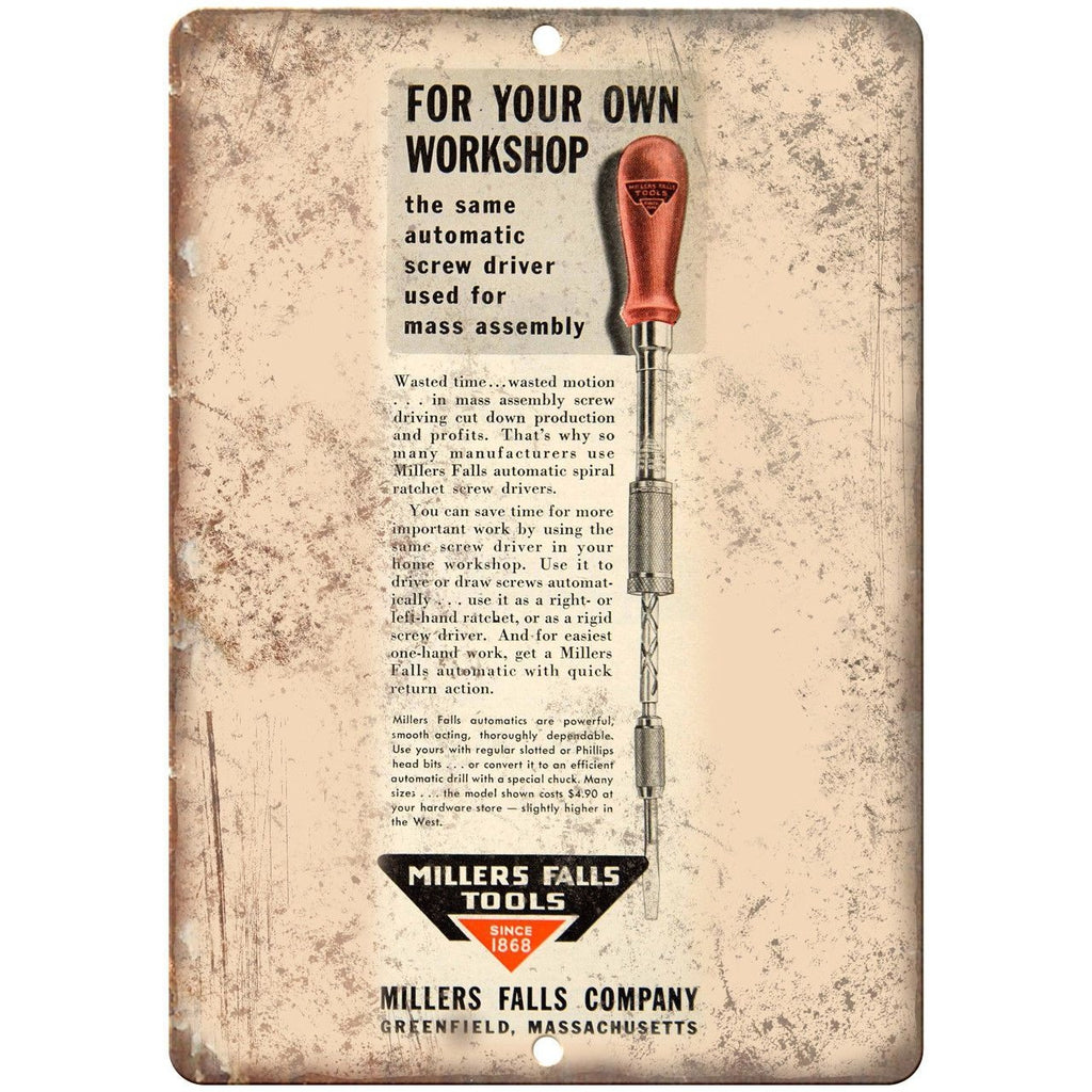 Millers Falls Company Automatic Screw Driver 10"X7" Reproduction Metal Sign Z38