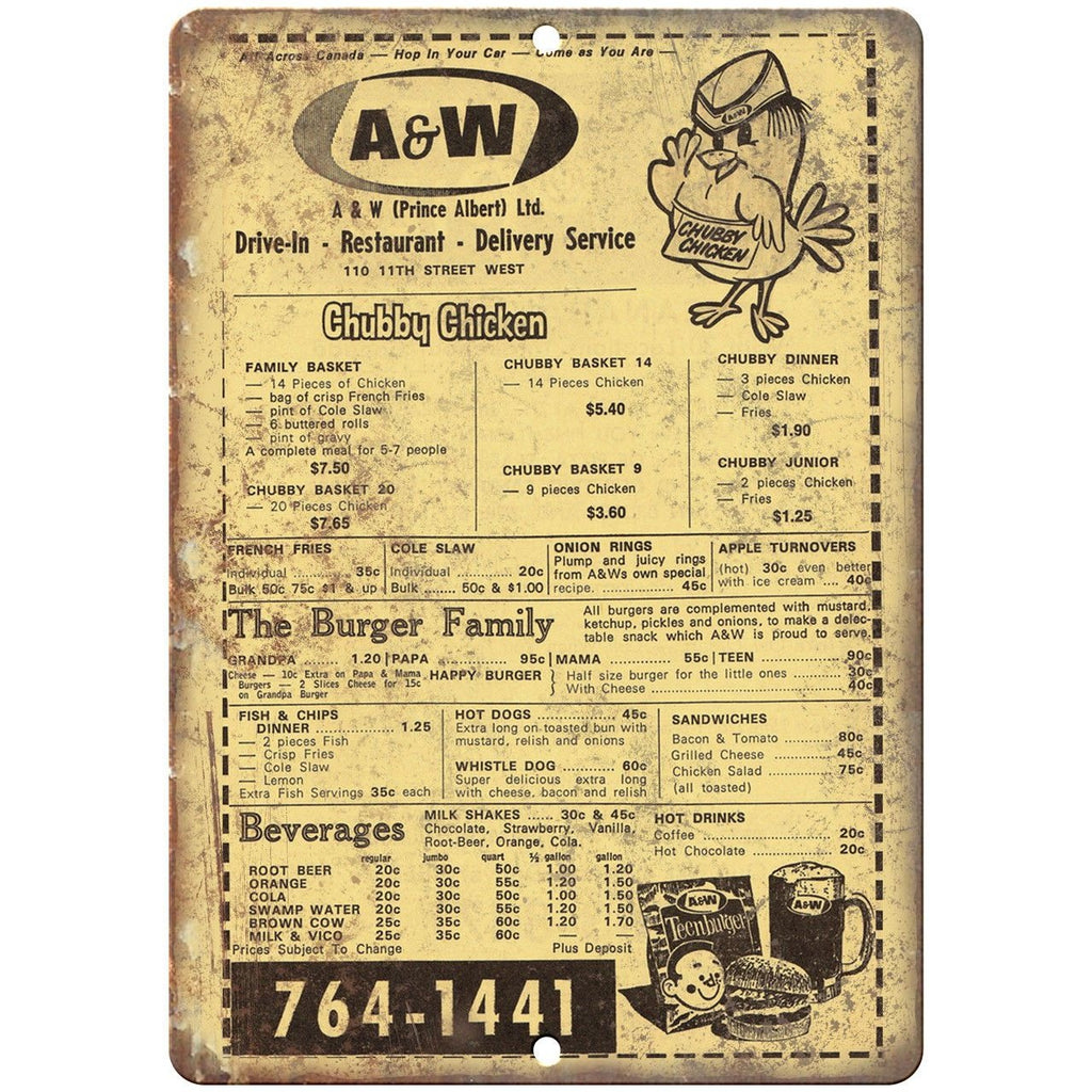 A&W Root Beer Drive-In Vintage Menu 10" x 7" Reproduction Metal Sign N12