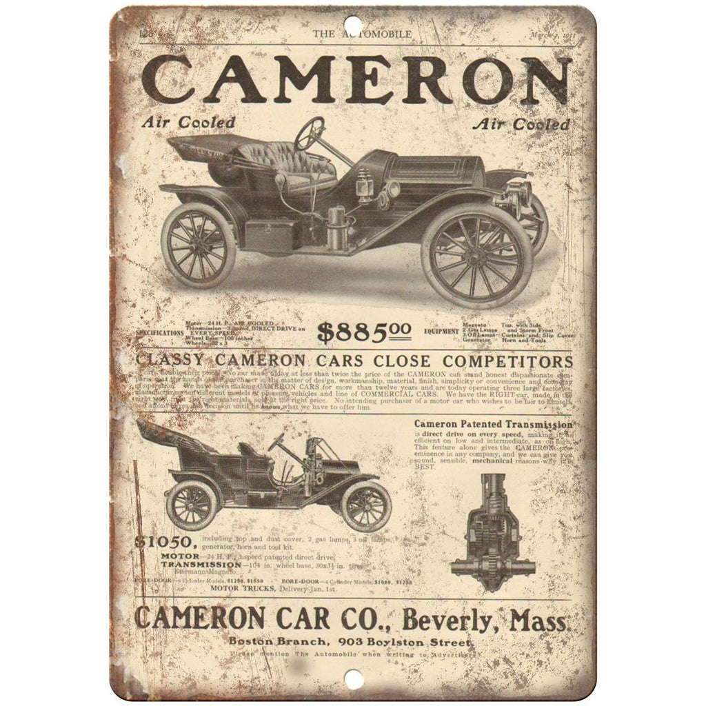 1911 - Cameron Car Company Beverly Ma Vintage Ad - 10" x 7" Retro Metal Sign
