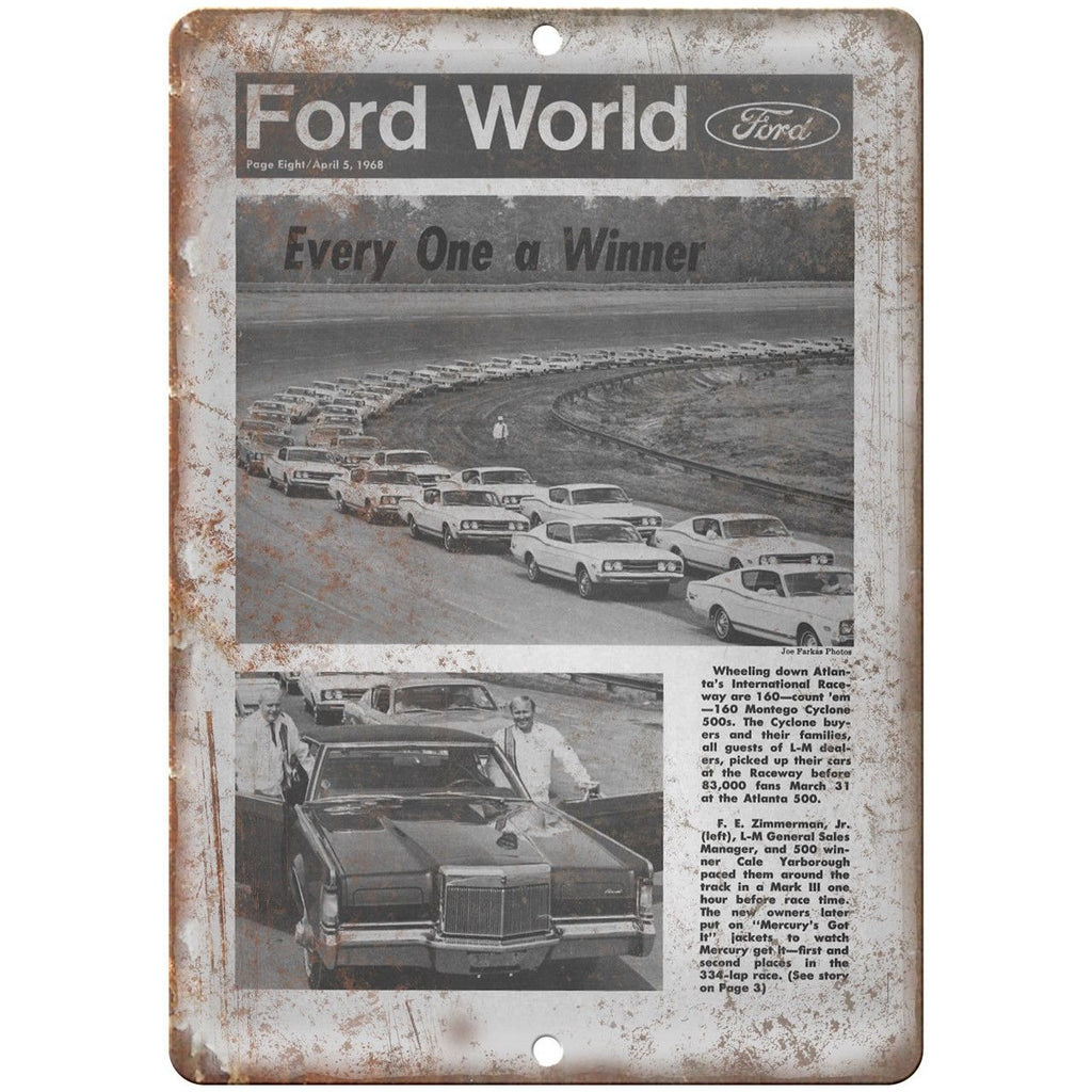 1968 Ford World Vintage Racecar Ad 10" X 7" Reproduction Metal Sign A675