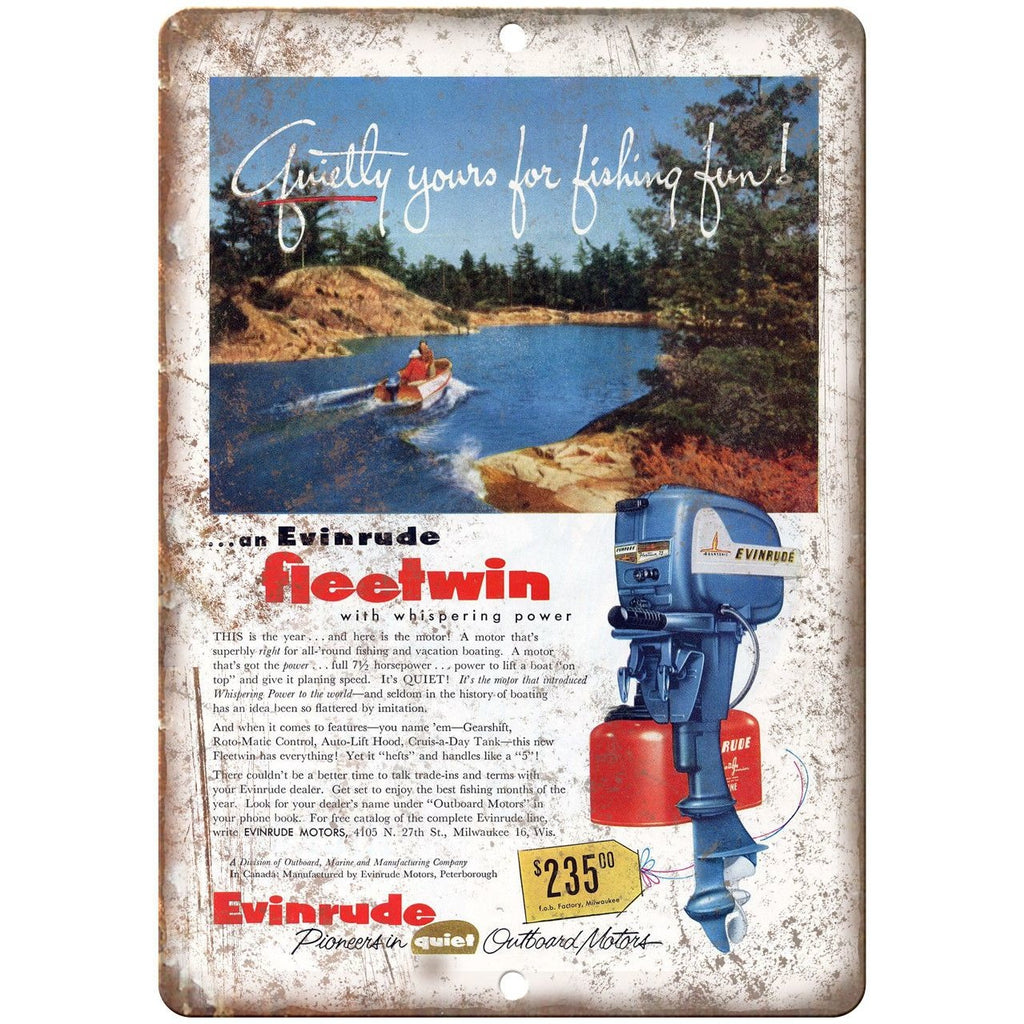 Evinrude Outboard Motors Fleetwin Vintage Ad 10" x 7" Reproduction Metal Sign