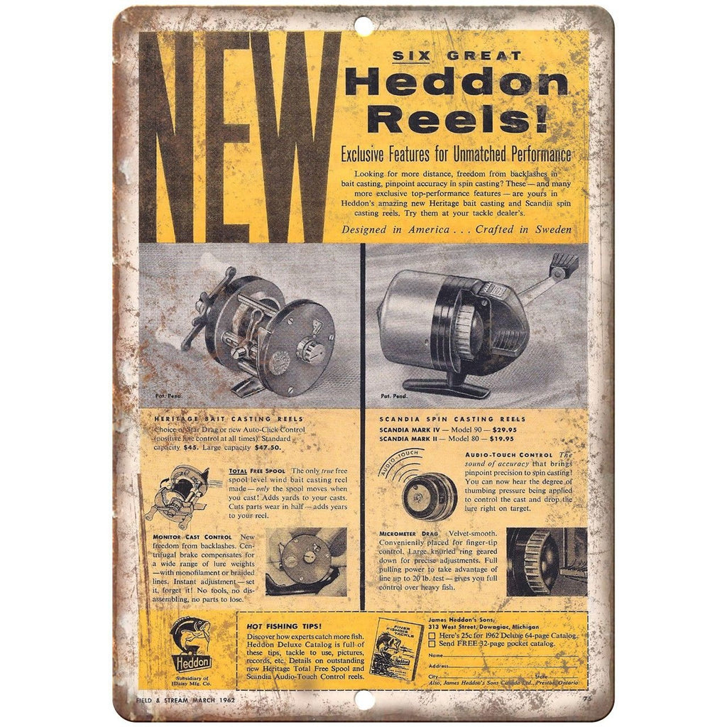 Heddon Fishing Reels Vintage Print Ad - 10'" x 7" Reproduction Metal Sign