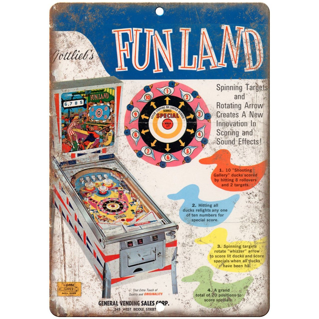 Gottlieb's Fun Land Vintage Pinball Machine 10" X 7" Reproduction Metal Sign G99