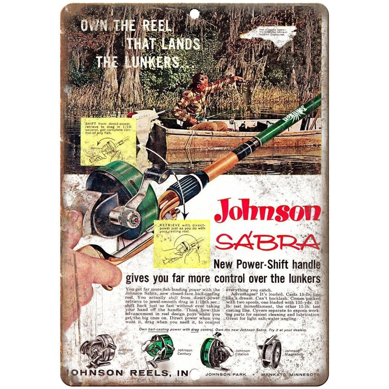 Johnson Sabra Fishing Reels 10' x 7 reproduction metal sign