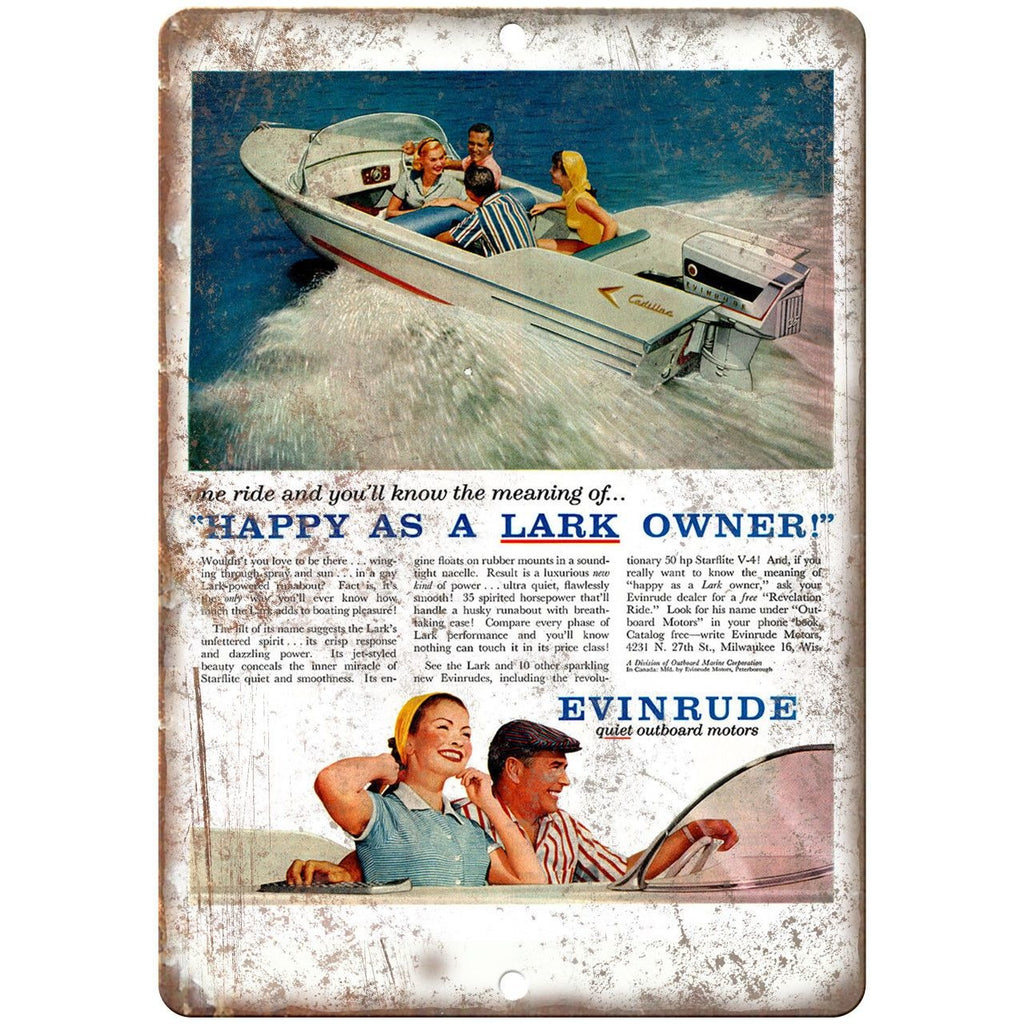 Evinrude Outboard Motors Lark II Vintage Ad 10" x 7" Reproduction Metal Sign