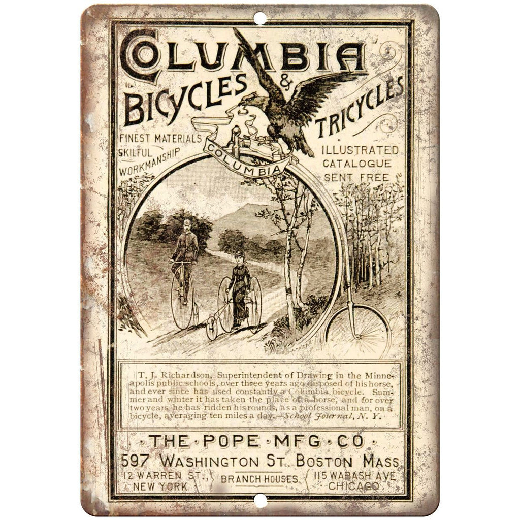 Columbia Bicycles and Tricycles Vintage Ad 10" x 7" Reproduction Metal Sign B320
