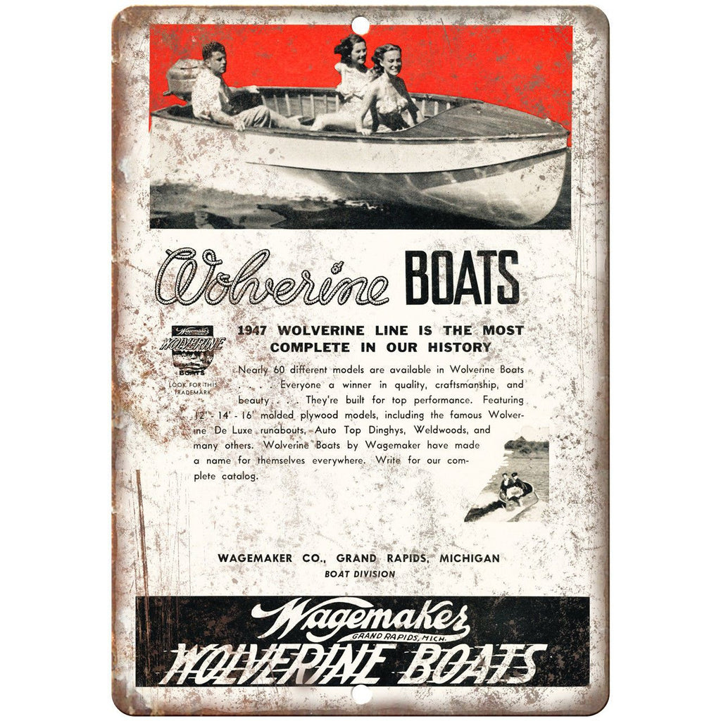 1947 Wagemakes Wolverine Boat Vintage Ad 10" x 7" Reproduction Metal Sign L89