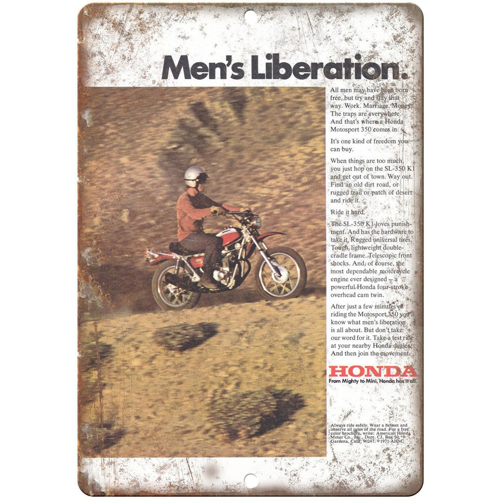 Honda Mens Liberation Vintage Dirt Bike Ad 10" x 7" Reproduction Metal Sign A474