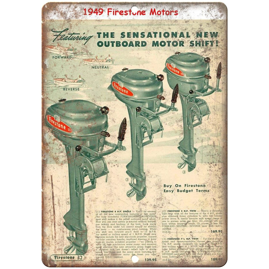 Firestone Outboard Motors 1949 Vintage Boat Ad 10" x 7" Reproduction Metal Sign