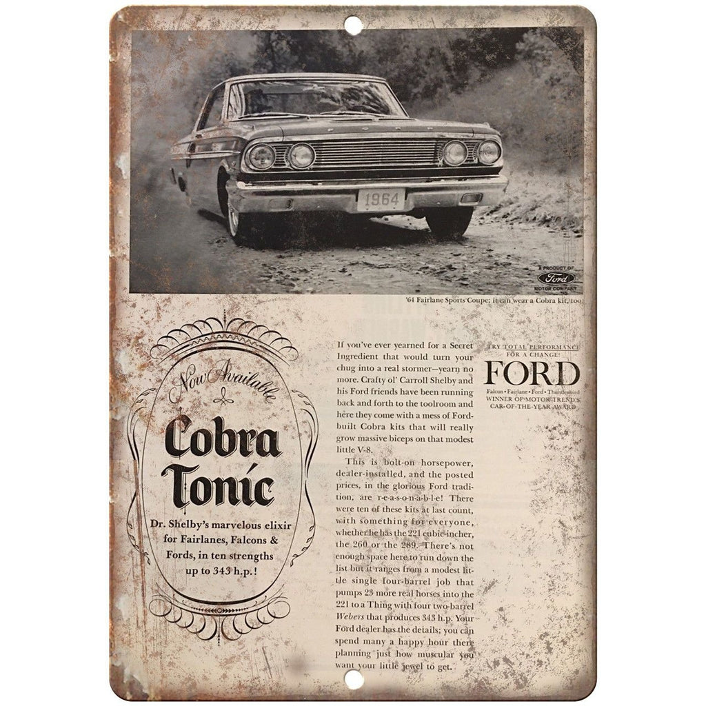 Ford Cobra Tonic Shelby 1964 Fairlane Ad 10" x 7" Reproduction Metal Sign A39
