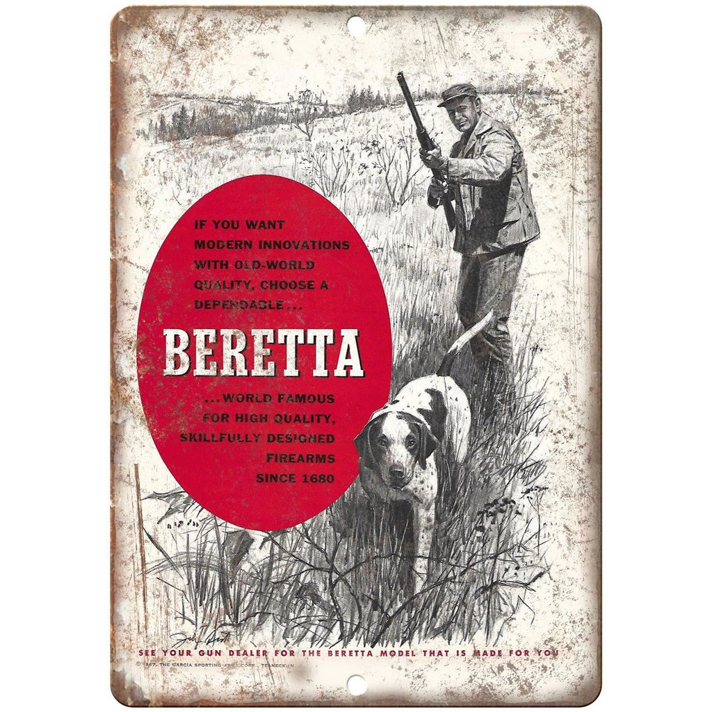 Beretta Firearms Hunting Dob Vintage Ad 10" x 7" Reproduction Metal Sign