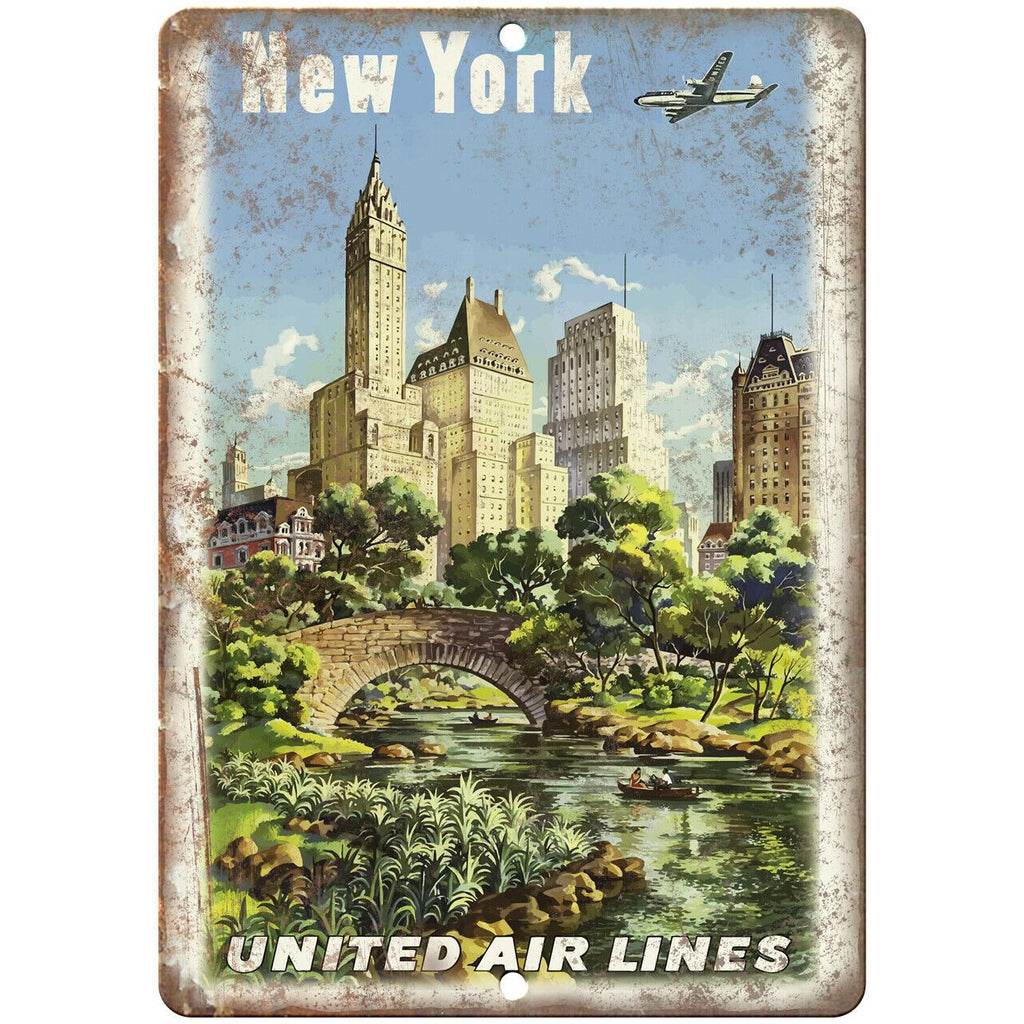 New York United Air Lines Travel Poster 10" x 7" Reproduction Metal Sign T90