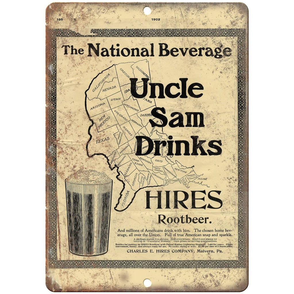 Uncle Sam Srinks Hires Root Beer Retro Ad 10" x 7" Reproduction Metal Sign N18