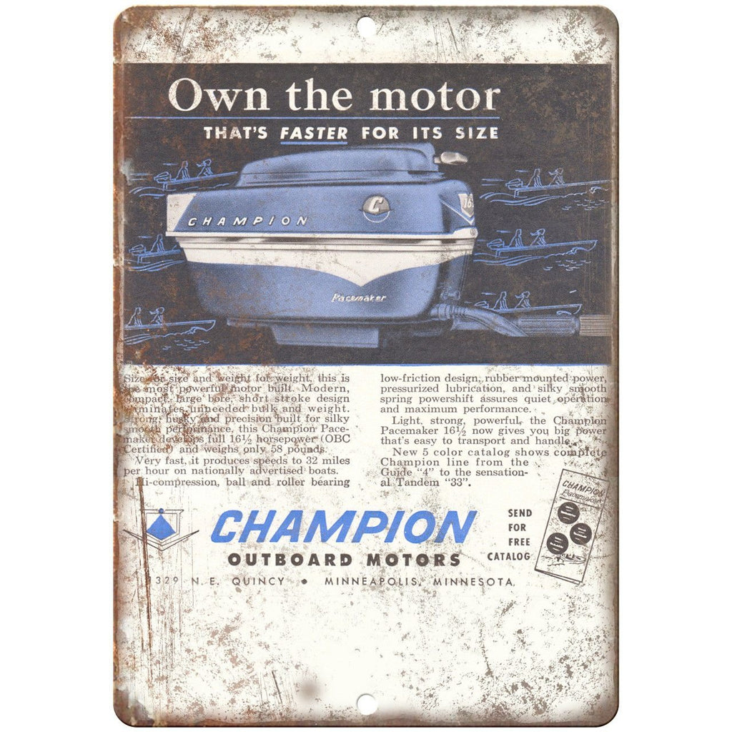 Champion Outboard Motors Vintage Boating Ad 10" x 7" Reproduction Metal Sign