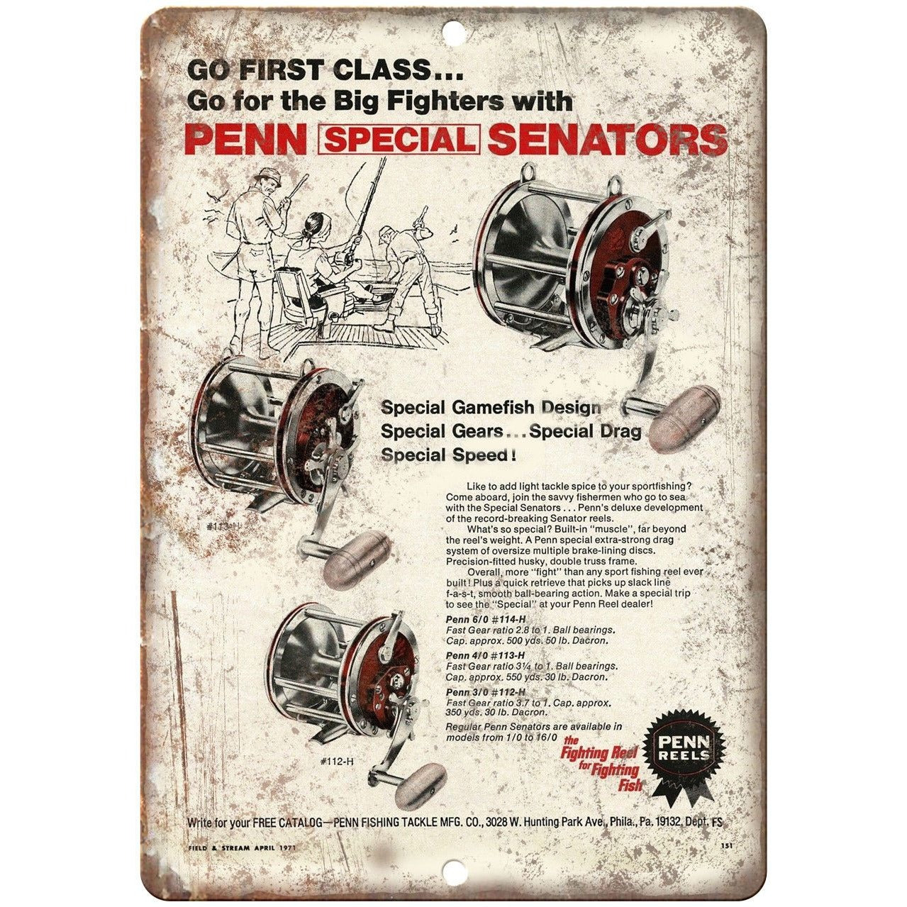 PENN FIshing Reels Special Senators Tackle Ad 10' x 7 Reproduction Metal  Sign