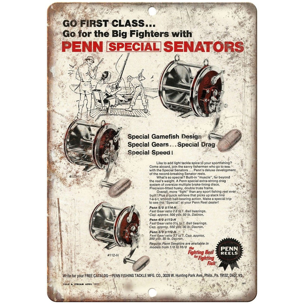PENN FIshing Reels Special Senators Tackle Ad 10'" x 7" Reproduction Metal Sign