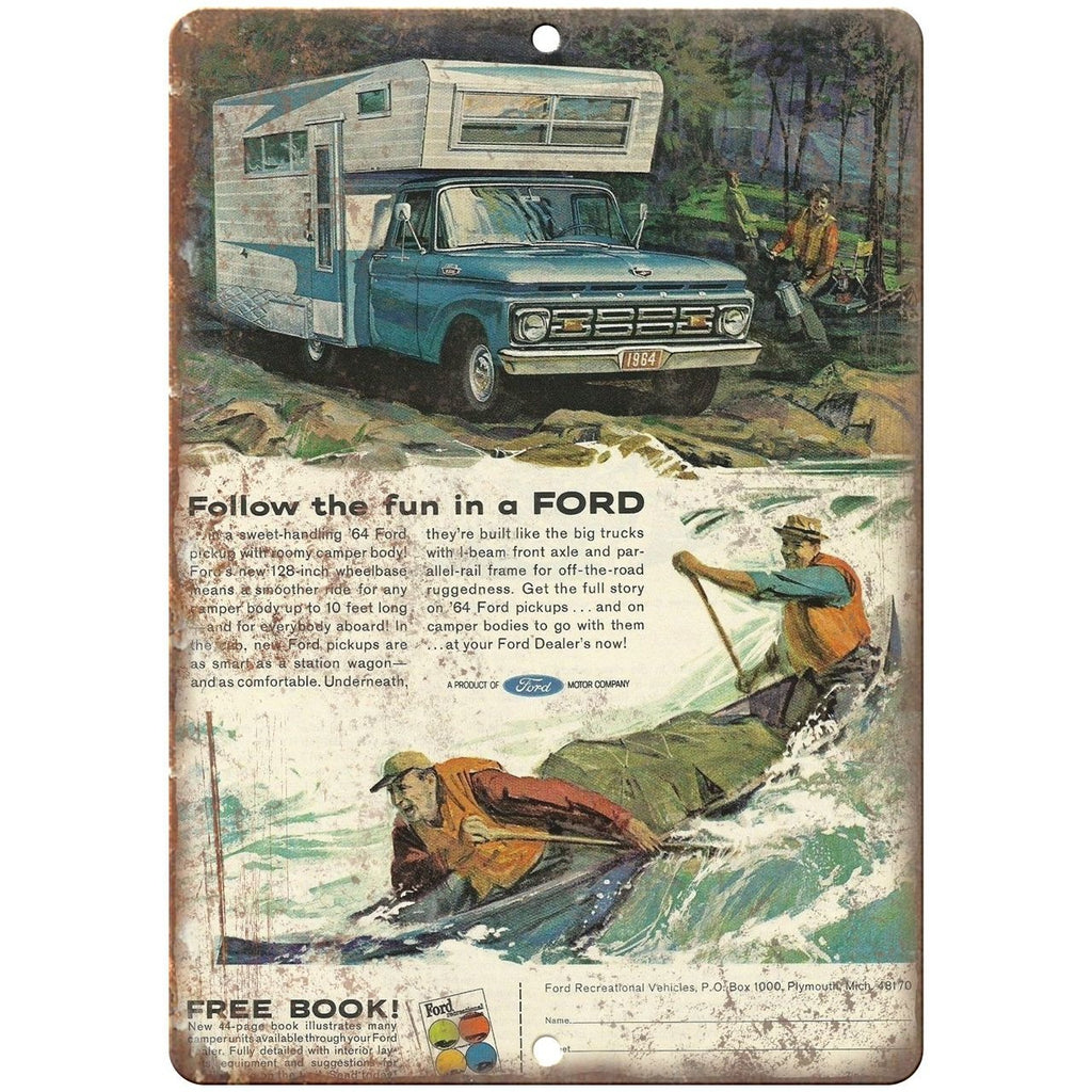 1964 - Ford Pickup Truck Camper Ad- 10" x 7" Retro Look Metal Sign