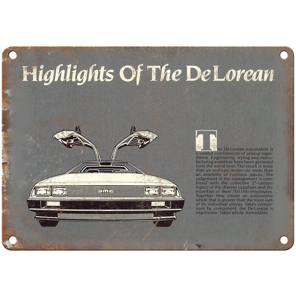 DMC DeLorean Highlights Sales Ad - 10" x 7" Retro Look Metal Sign