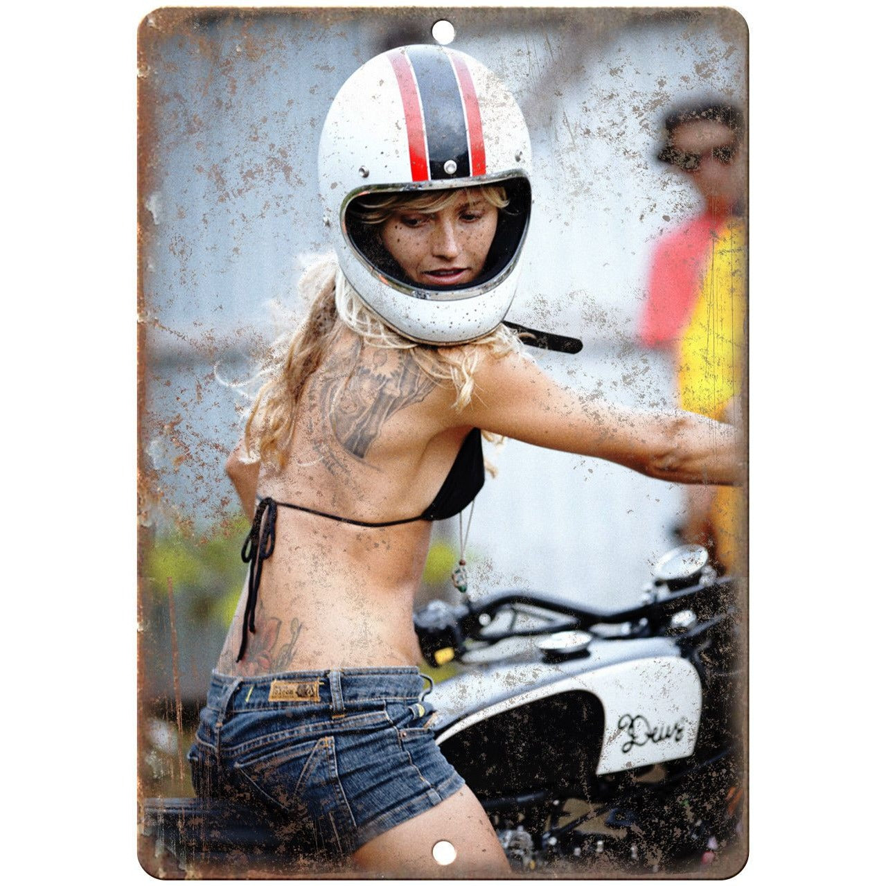 girl naked wearing motorcycle helmet Hot Chick Motorcycle Vintage Ad 9" x 12" Reproduction Metal Sign A649 – Rusty Walls Sign Shop