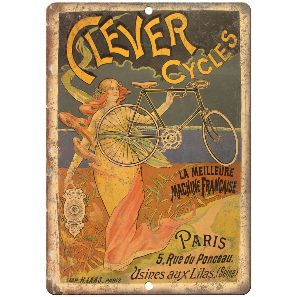 Clever Cycles Paris Vintage Bicycle Ad 10" x 7" Reproduction Metal Sign B240