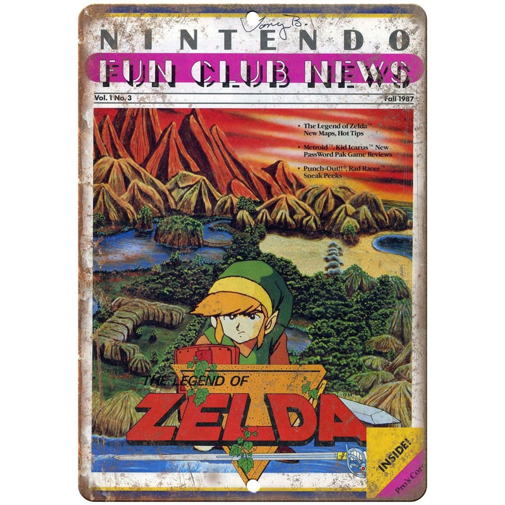 Nintendo Fun Club News Legend of Zelda Mag Cover 10" x 7" Retro Look Metal Sign