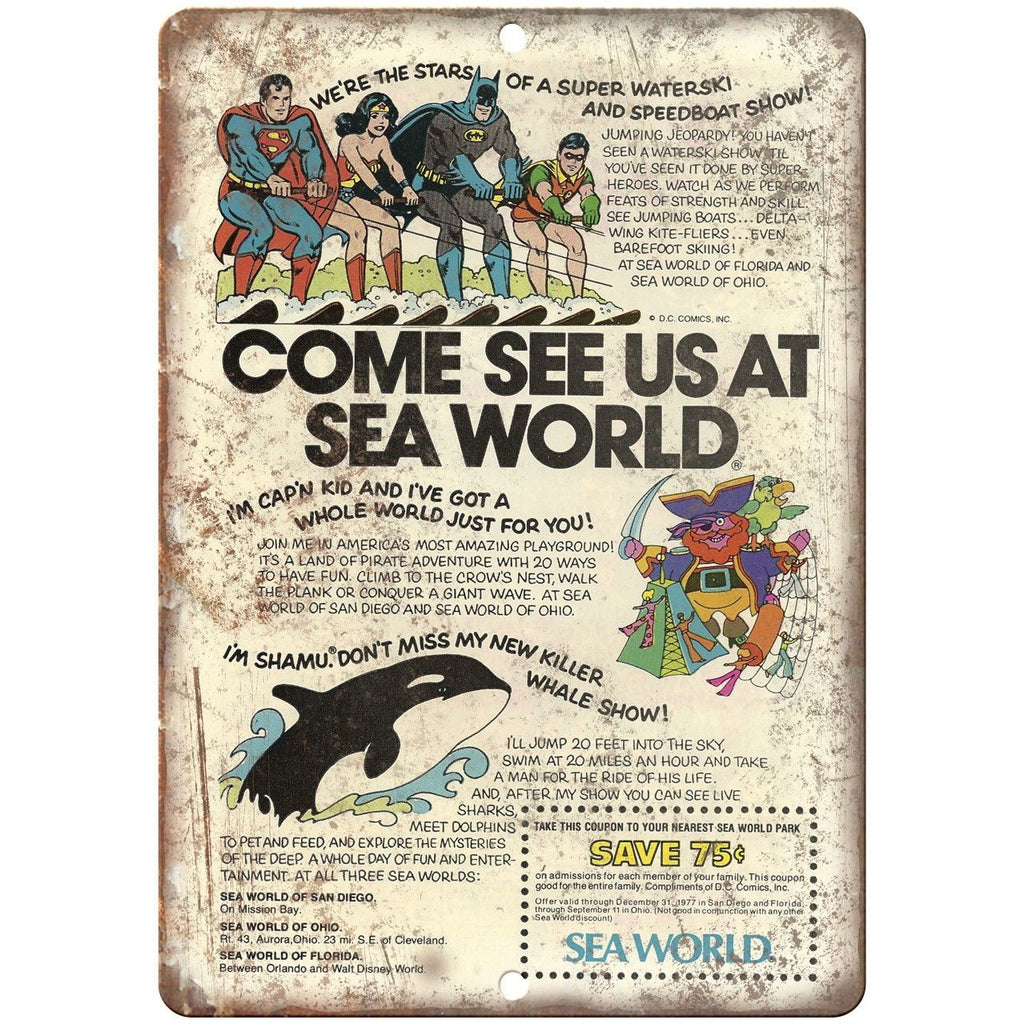 Sea World Shamu Superman Comic Book Ad 10" X 7" Reproduction Metal Sign J124