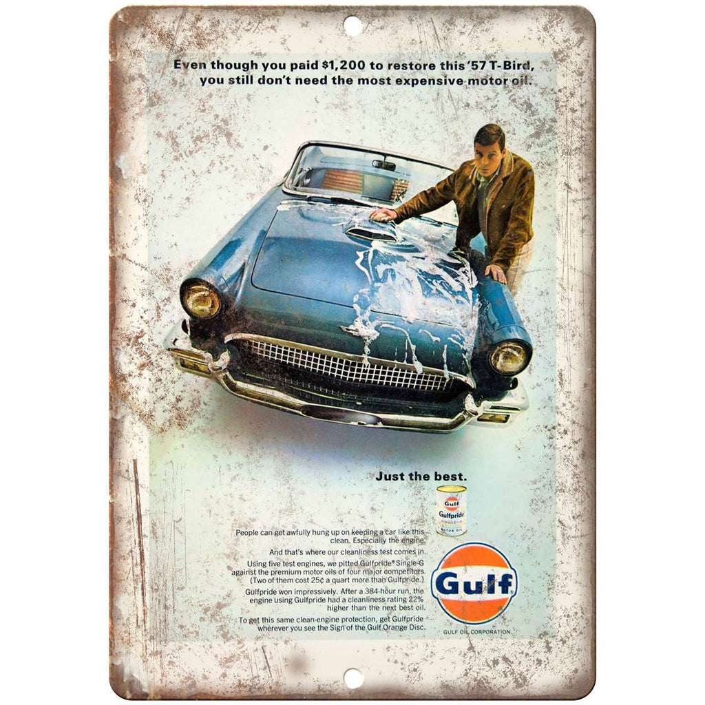 1957 - Ford Thunderbird Gulf Oil Garage Sign - 10" x 7" Retro Look Metal Sign