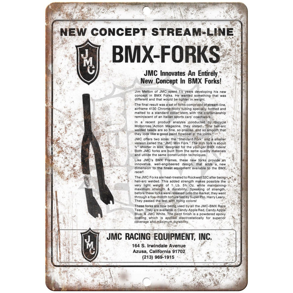 JMC BMX Racing Equipment Forks Ad 10" x 7" Reproduction Metal Sign B482
