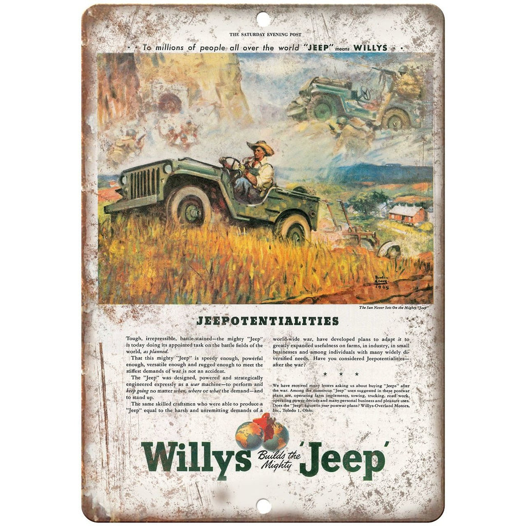 1945 - Jeep Willys Overland Vintage Ad - 10" x 7" Reproduction Metal Sign
