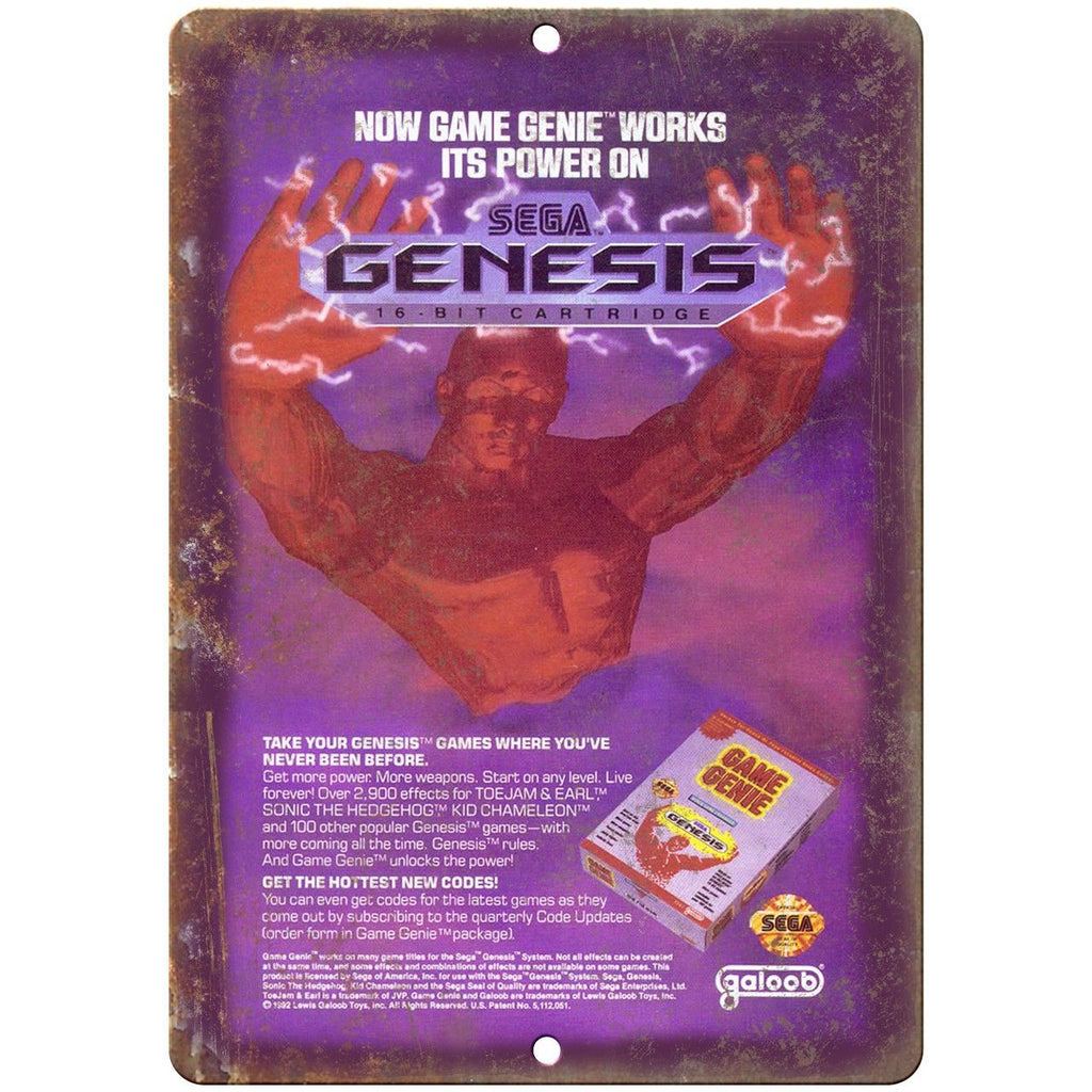 Sega Genesis Game Genie 16-Bit Cartridge 10" x 7" Reproduction Metal Sign A09
