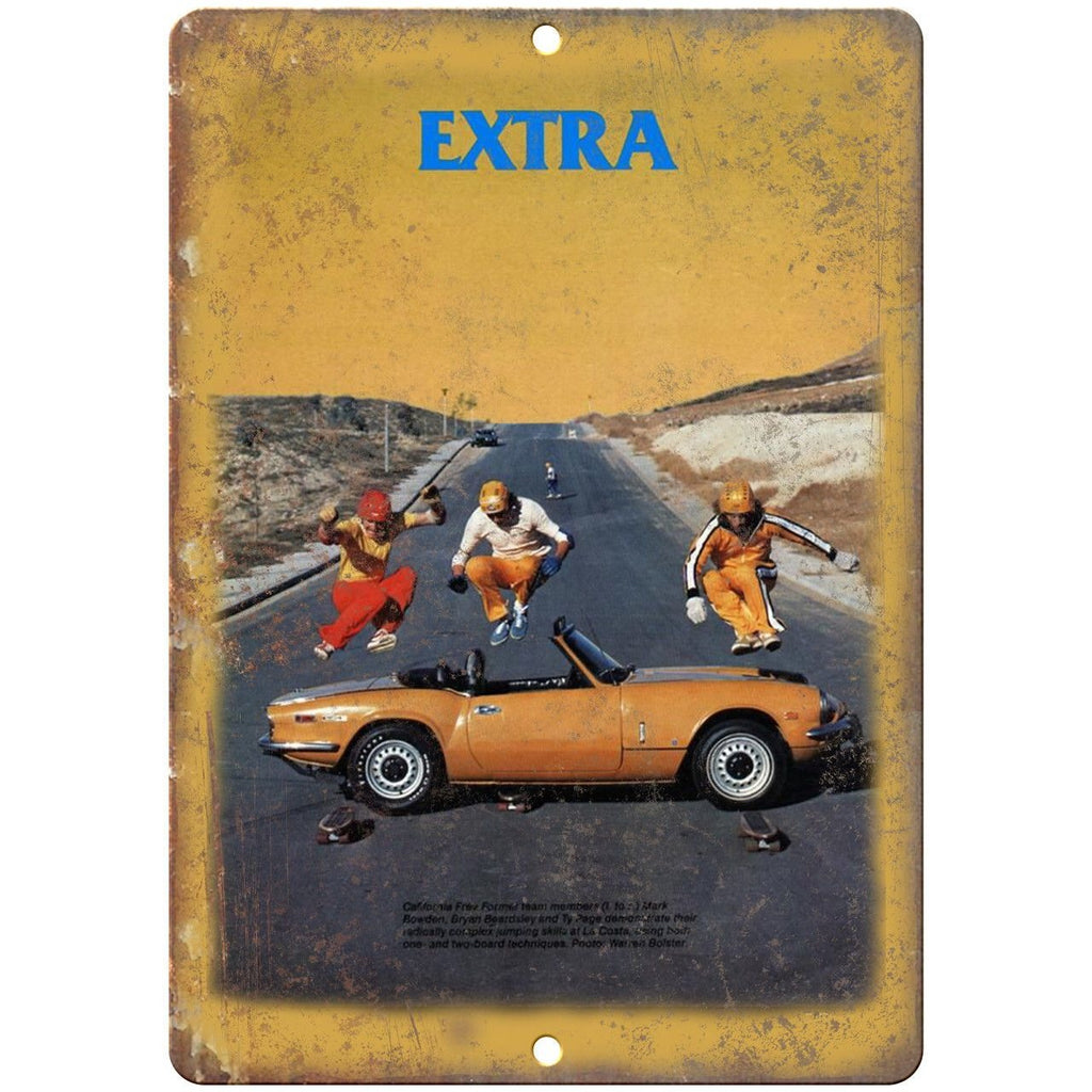 Extra Retro Skateboard Ad Car Jump - 10" x 7" Reproduction Metal Sign