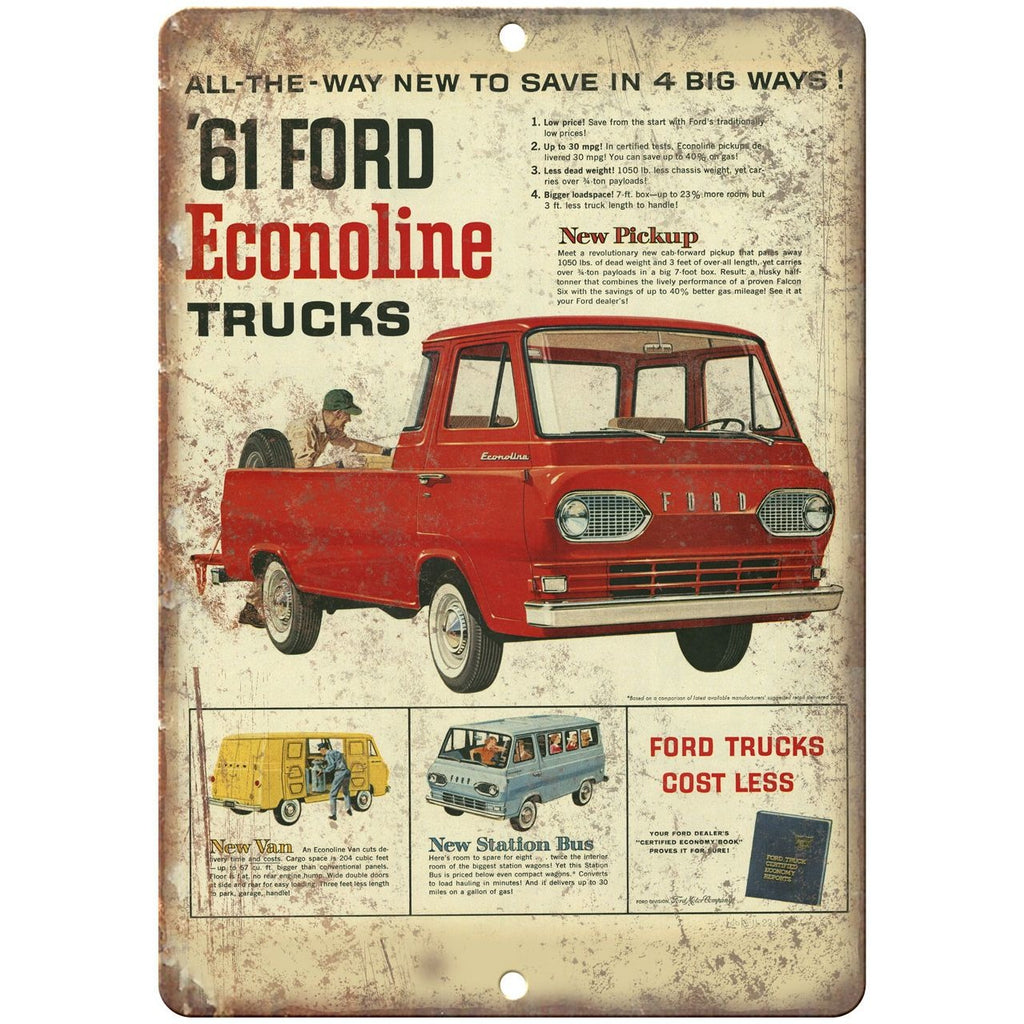 1961 - Ford Ecoline Pickup Truck Ad Man Cave - 10" x 7" Retro Look Metal Sign
