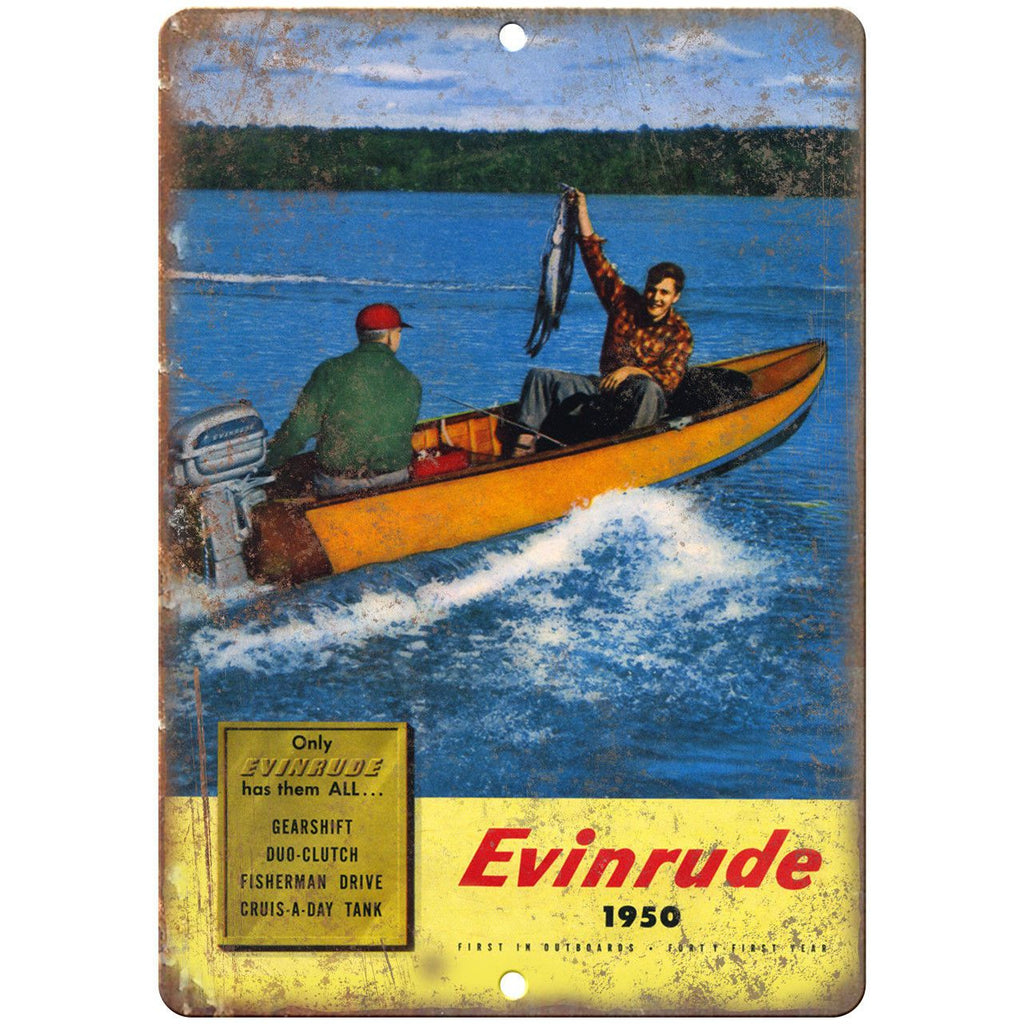 1950 Evinrude Outboard Motor Boating Ad 10" x 7" Reproduction Metal Sign L28