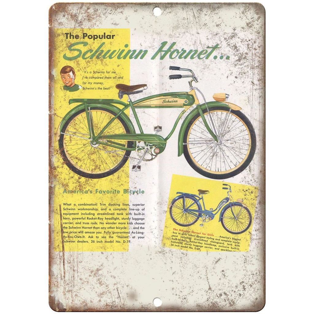 1952 Schwinn Hornet Bicycle Ad - 10" x 7" Retro Look Metal Sign
