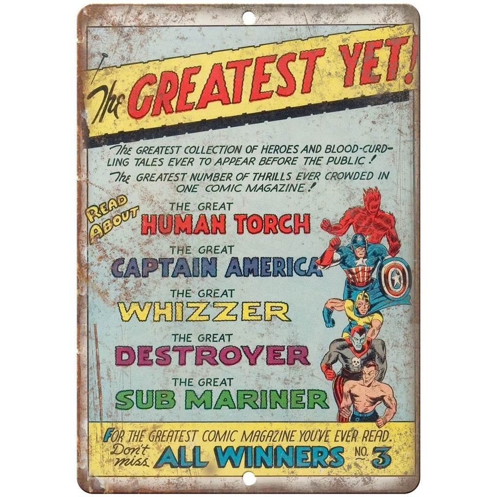 Human Torch Captain America Whizzer Comic 10" X 7" Reproduction Metal Sign J113