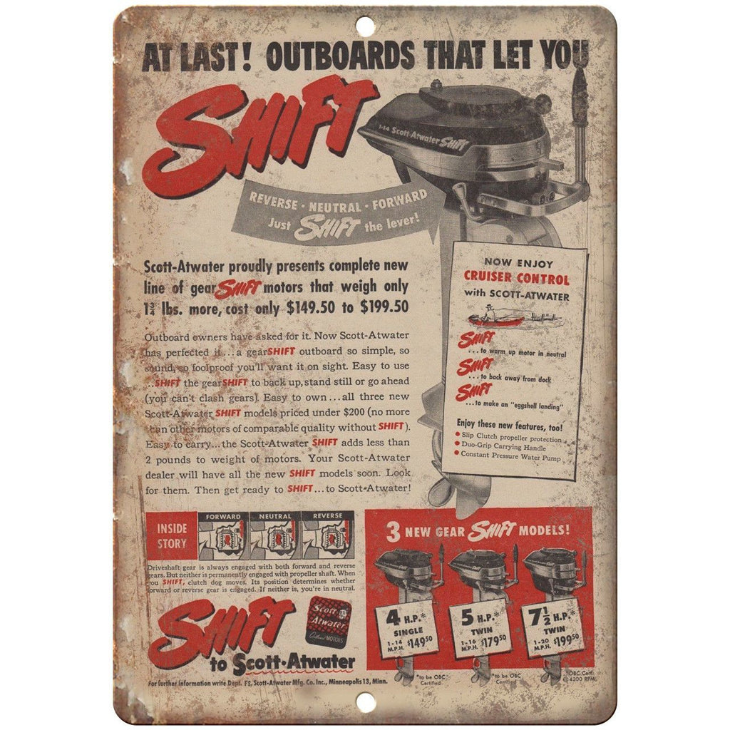 Shift Outboard Motor Vintage Boating Ad 10" x 7" Reproduction Metal Sign L06