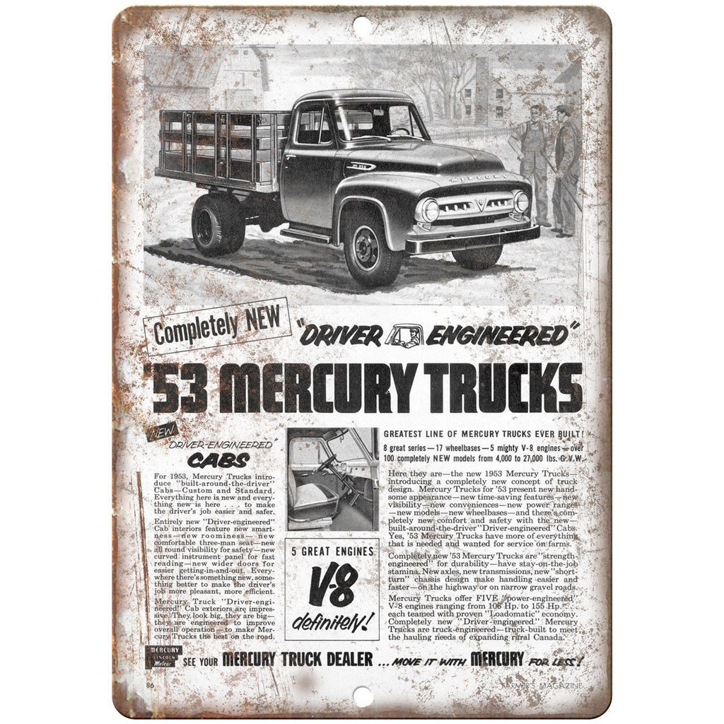 1953 Mercury Trucks V-8 Automobile Ad 10" x 7" Reproduction Metal Sign A306