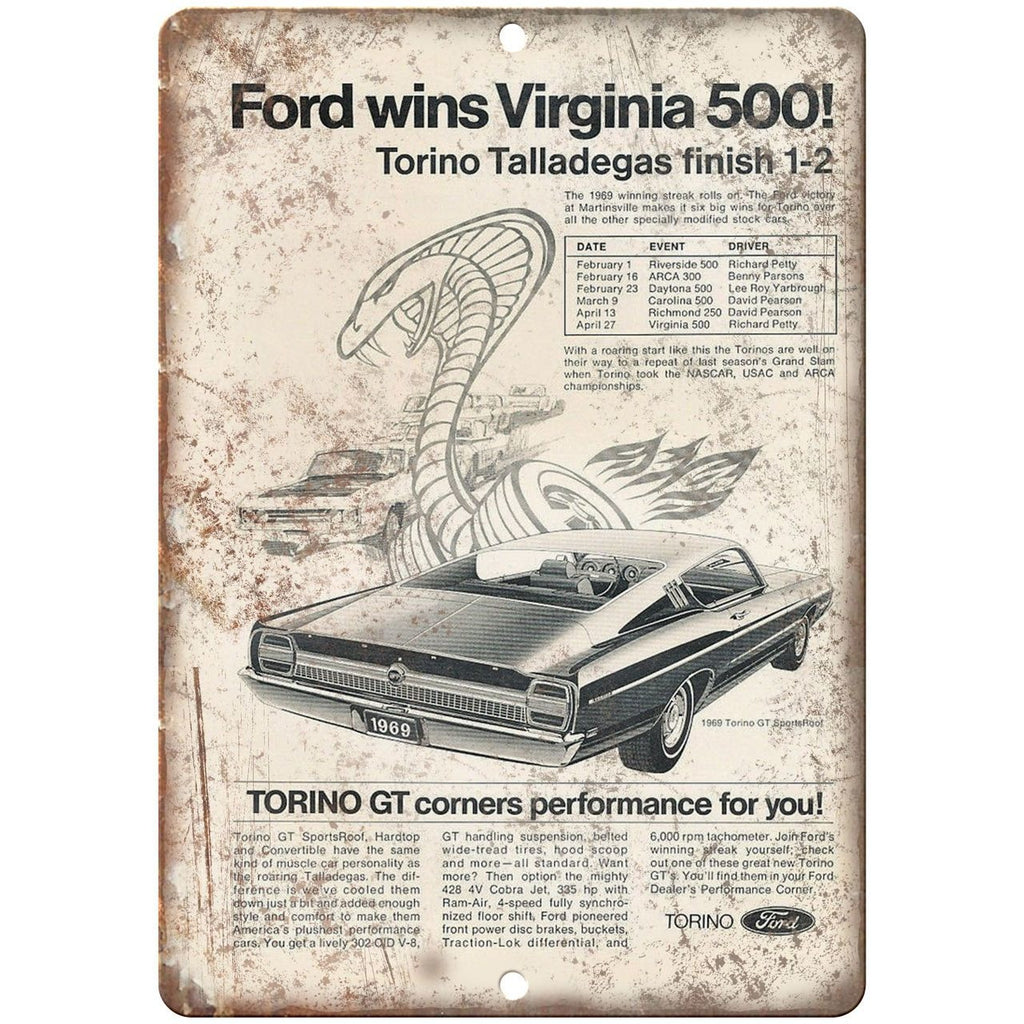 1969 - Ford Torino GT Virginia 500 - 10" x 7" Retro Look Metal Sign