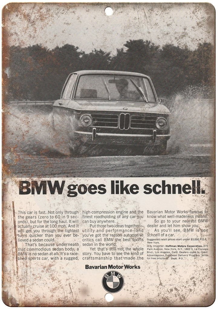 BMW Schnell Bavarian Motor Works Vintage Ad Metal Sign