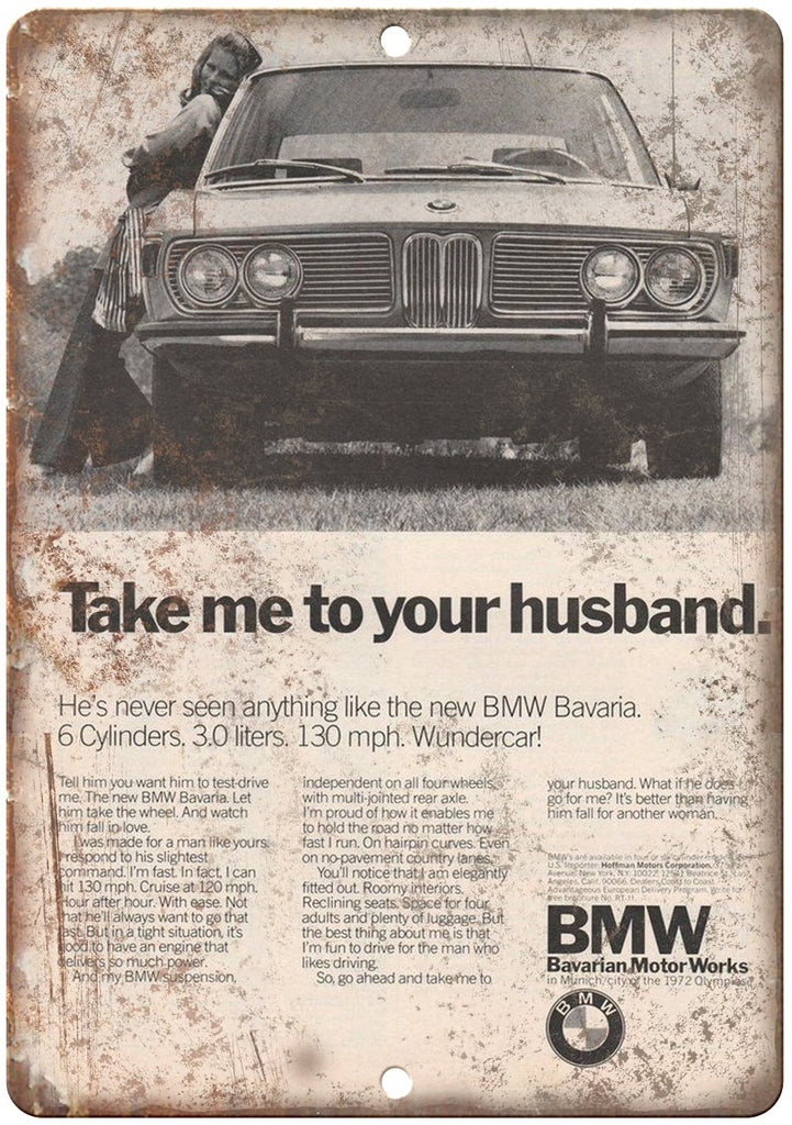 1972 BMW Bavarian Motor Works Vintage Ad Metal Sign
