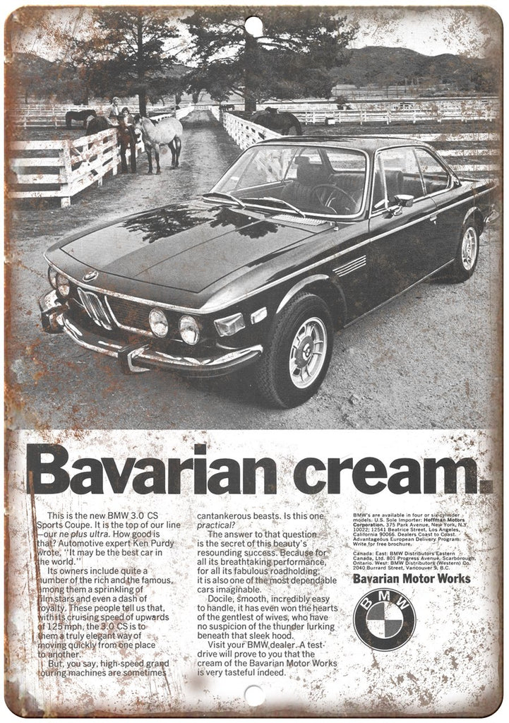 BMW Bavarian Cream 3.0 CS Sports Coupe Ad Metal Sign