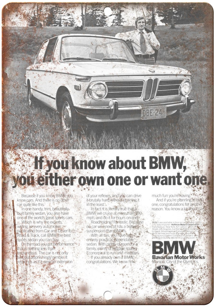 BMW Bavarian Motor Works Vintage Print Ad Metal Sign