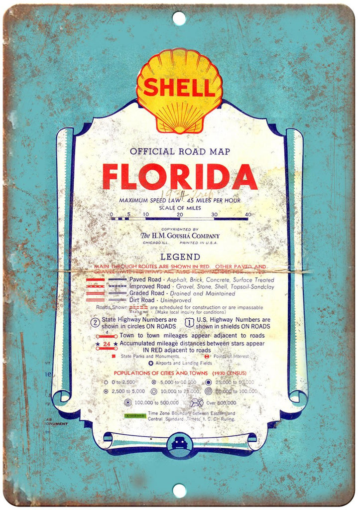 Shell Motor Oil Florida Vintage Map Cover Metal Sign