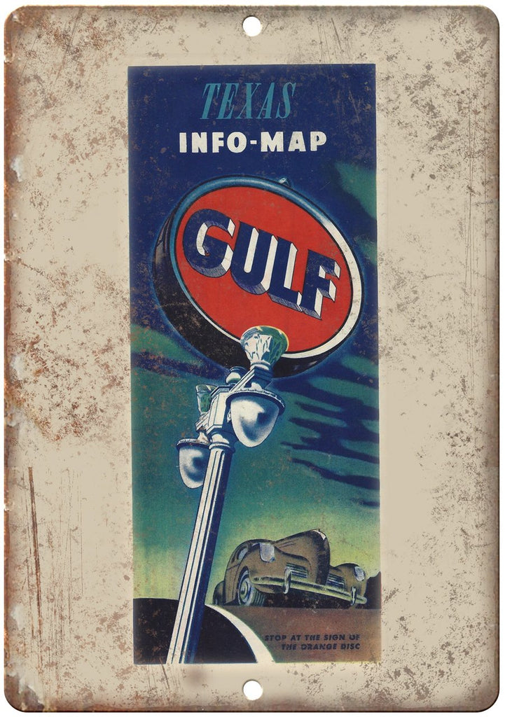 Gulf Motor Oil Texas Vintage Info-Map Cover Metal Sign