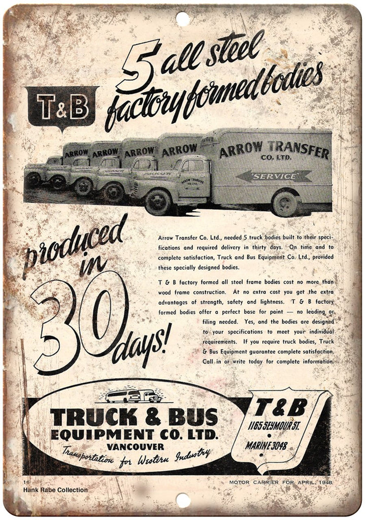 T&B Truck & Bus Equipment Co Vancouver Metal Sign