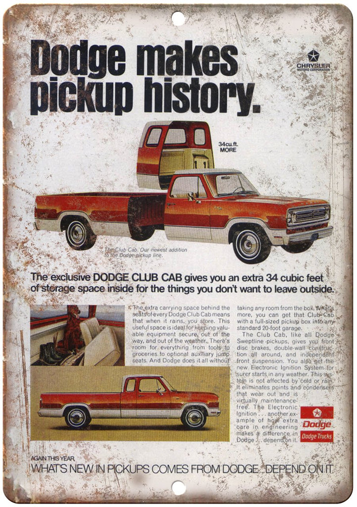 Dodge Pickup Club Cab Vintage Ad Metal Sign