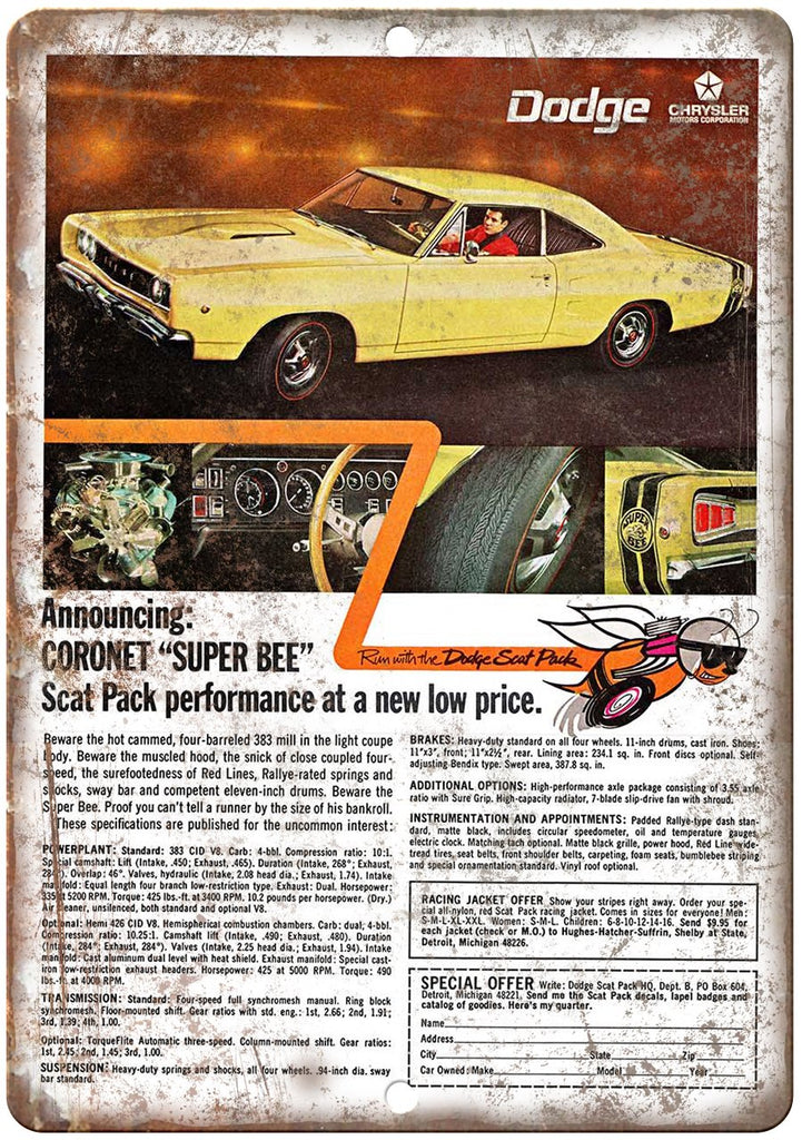Dodge Coronet Super Bee Vintage Car Ad Metal Sign